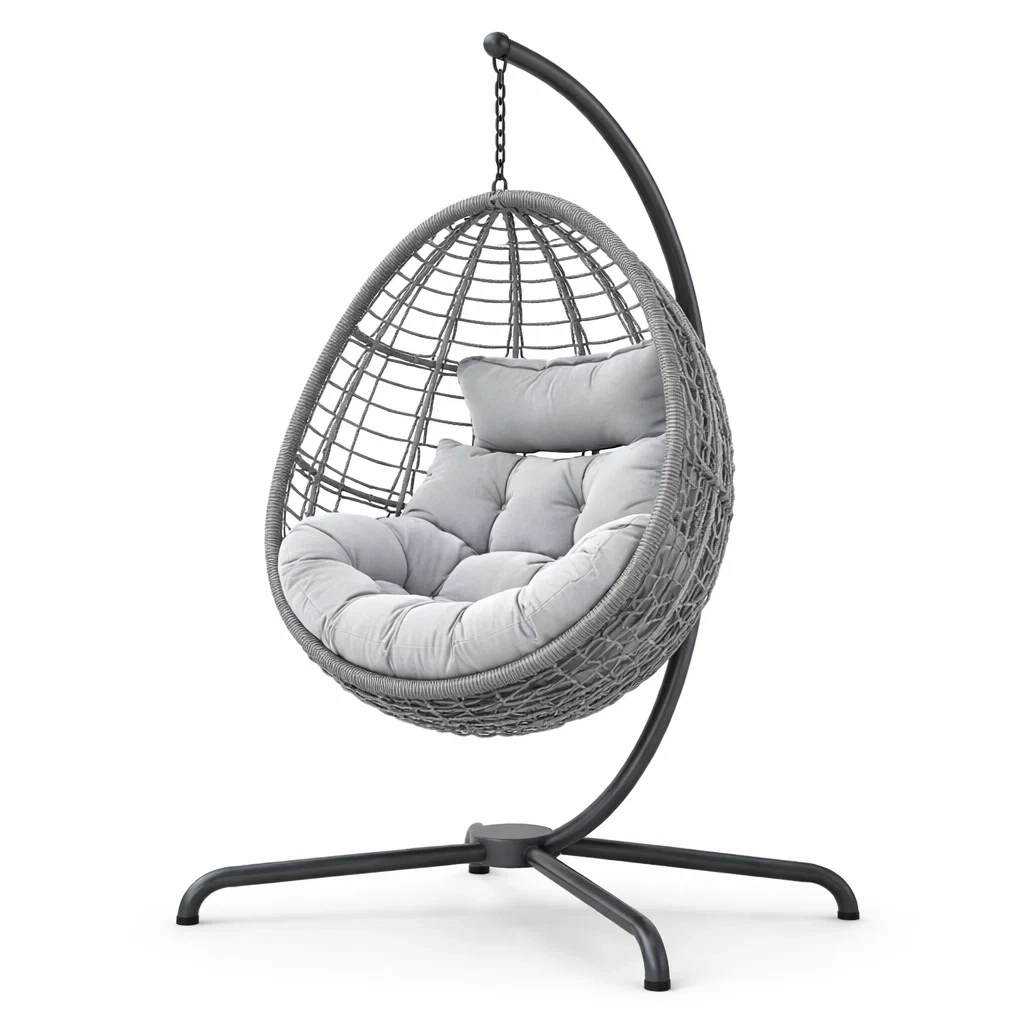 Hängesessel Polyrattan mit Stahlrahmen und Kissen Hellgrau
