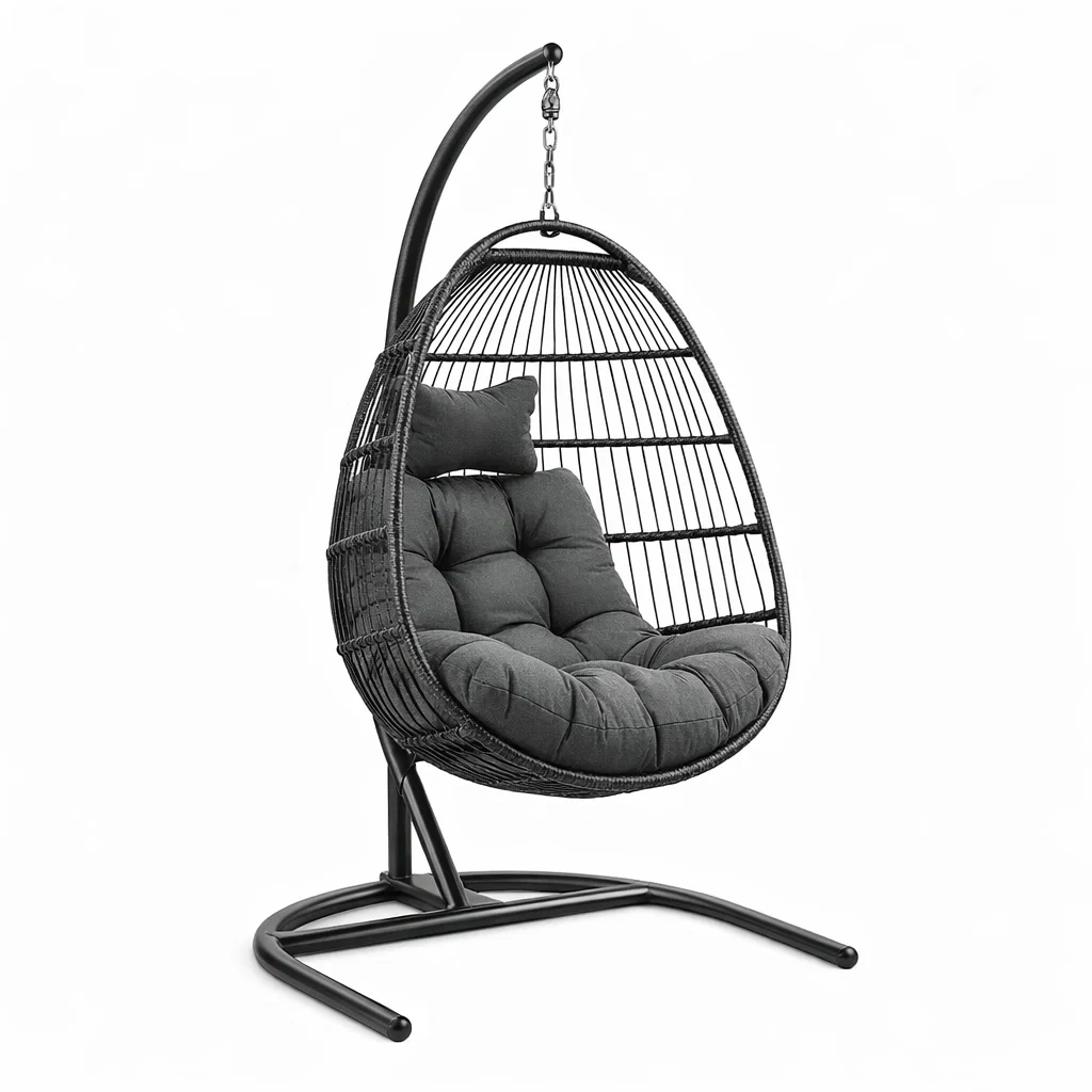 Hängesessel Polyrattan Schwarz mit Stahlgestell und Polster