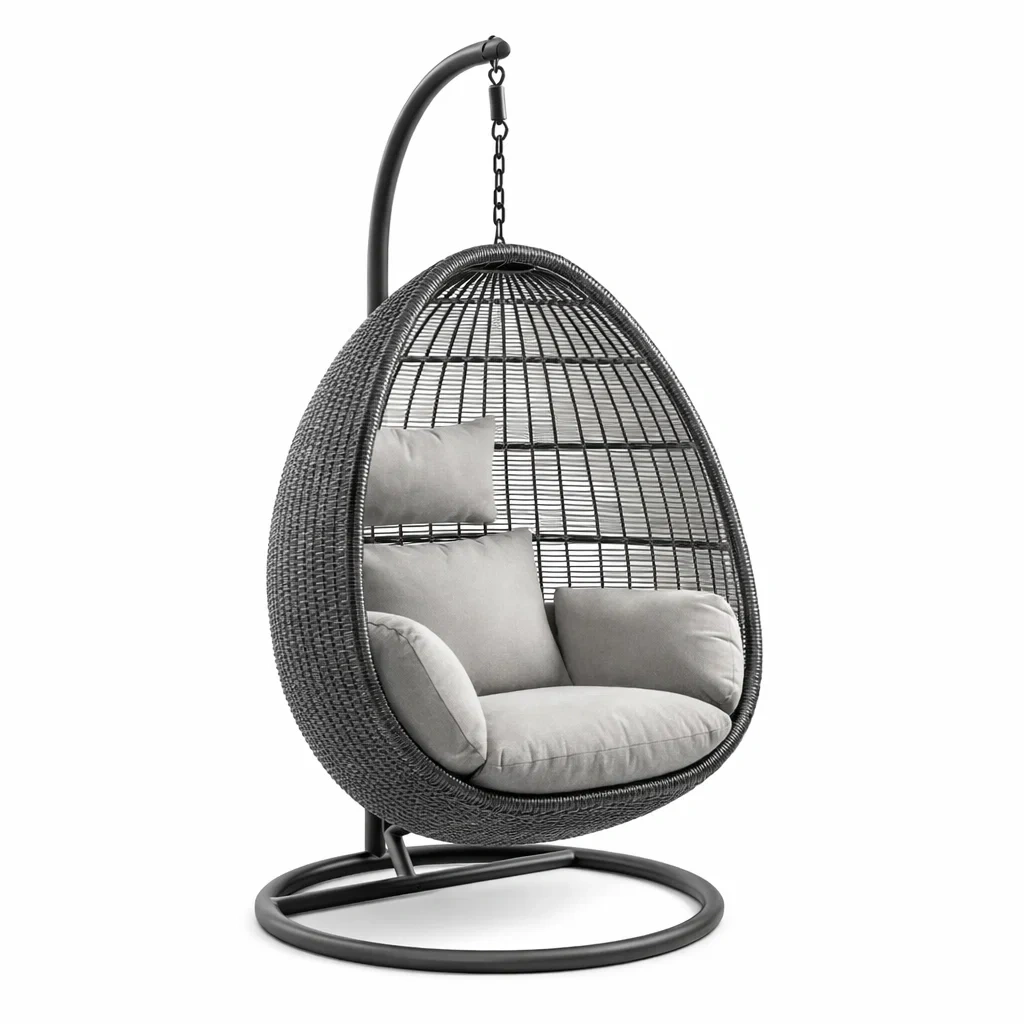 Hängesessel Rattan mit Stahlrahmen und Polyesterkissen