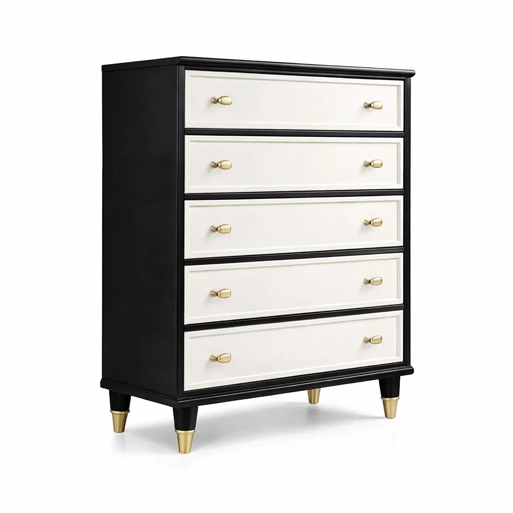 Kommode MDF Schwarz Weiß mit 5 Schubladen und Metallgriffen