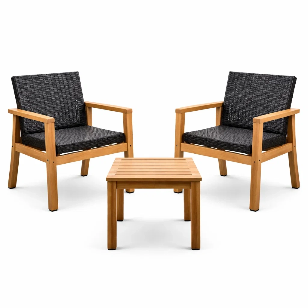 Balkonset Akazienholz PE Rattan Schwarz