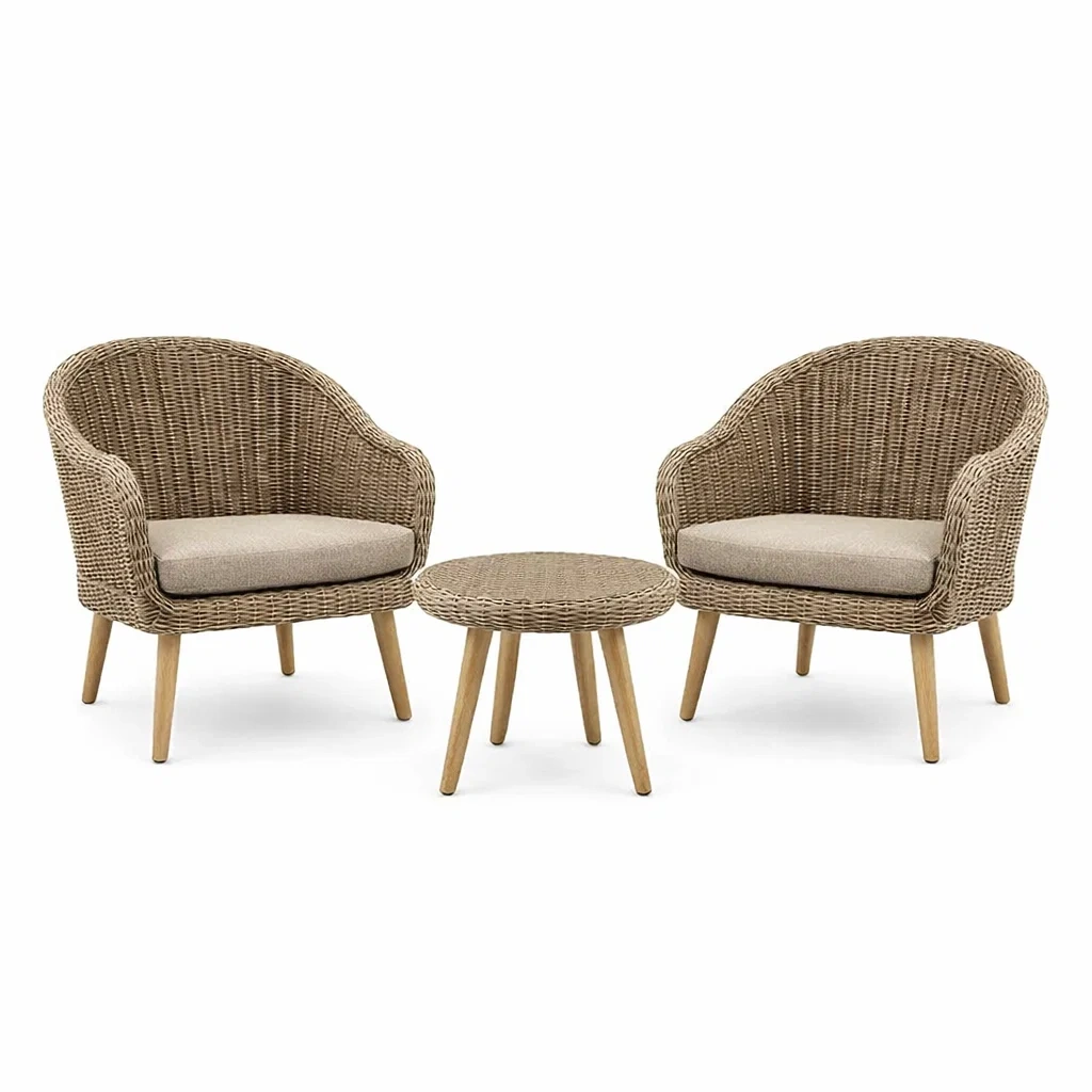 Balkonset PE Rattan Akazienholz Beige mit 2 Sesseln und 1 Tisch