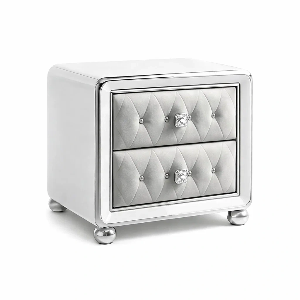 Nachttisch MDF mit Spiegelglas und Kunstleder Silber 2 Schubladen