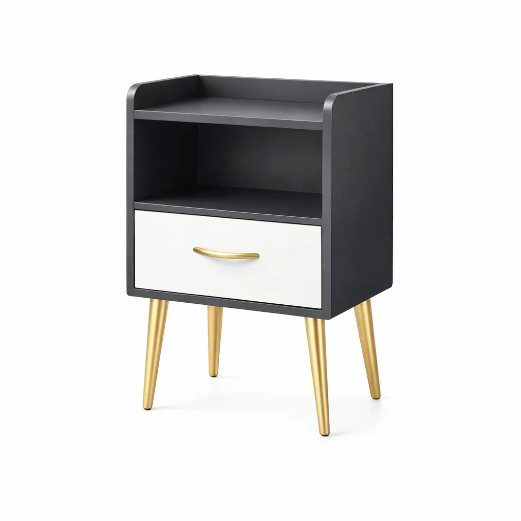 Nachttisch Holz Schwarz Weiß mit Schublade und Regal