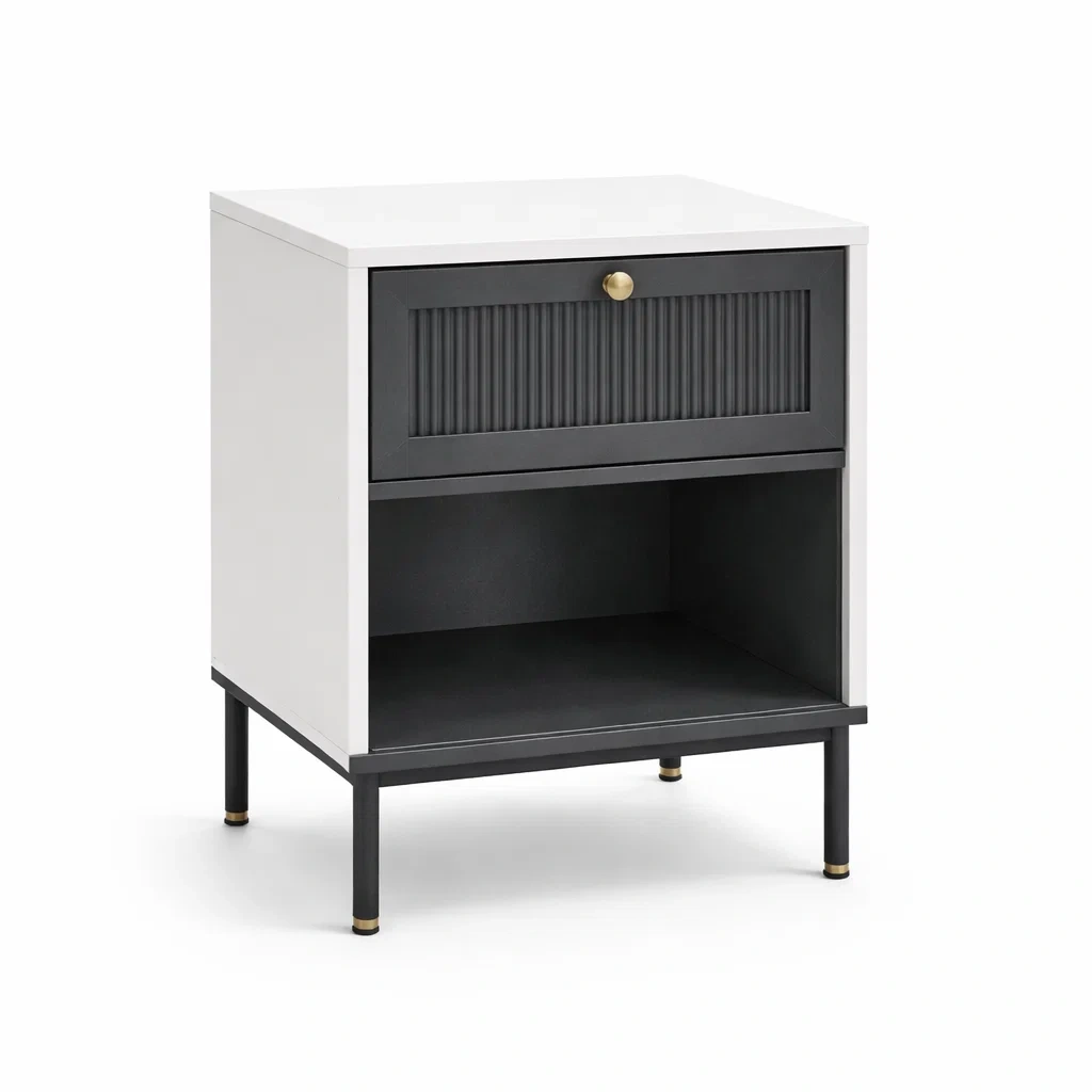 Nachttisch MDF Metall Weiß Schwarz mit Schublade 45 x 35 x 60 cm