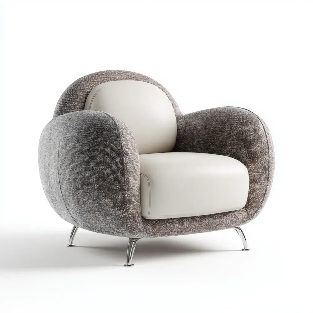 Sillón Tapizado en Tela y Cuero 80x85x78 cm – Gris/Blanco – Diseño Moderno