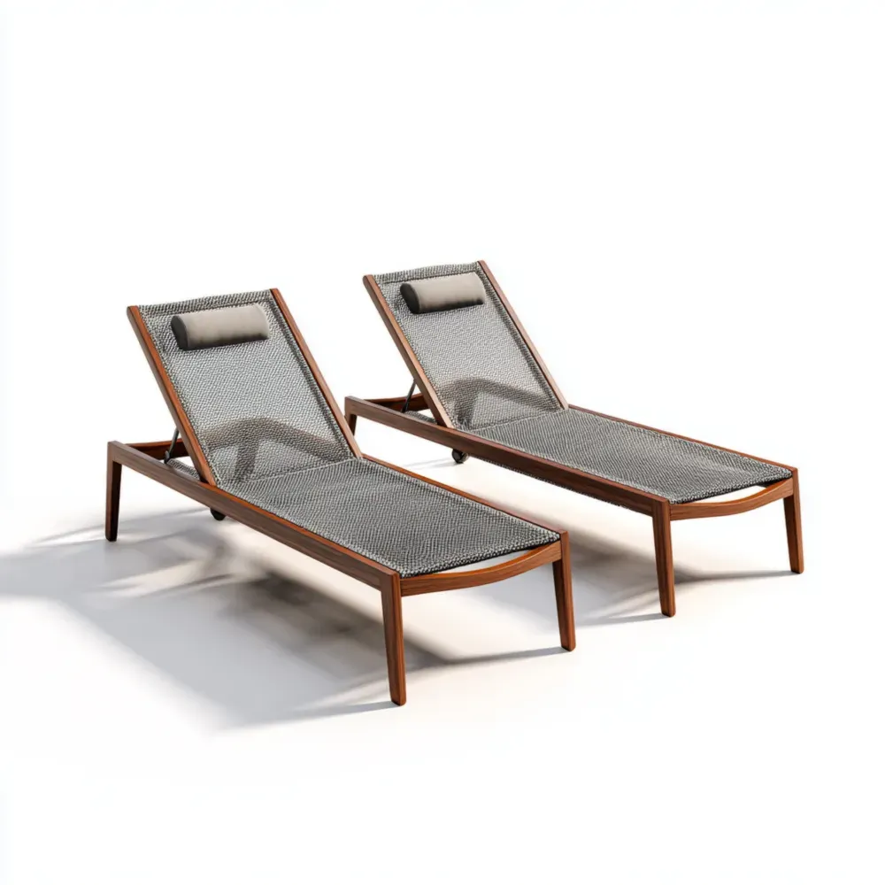 Tumbonas de jardín en Madera de Teca y Textilene 200x65x35 cm - Color Gris/Madera - Diseño Moderno