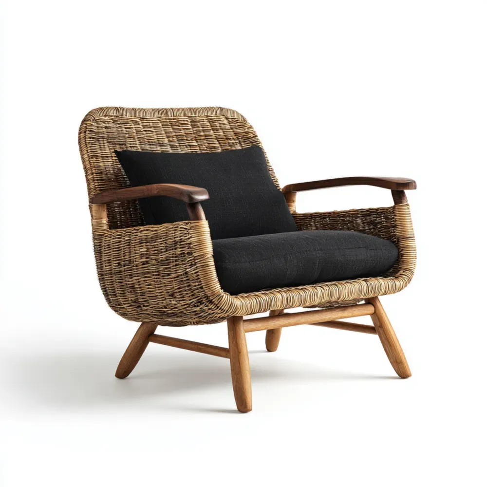 Sillón de ratán 80x90x100 cm con cojines - Natural/Negro - Diseño Escandinavo