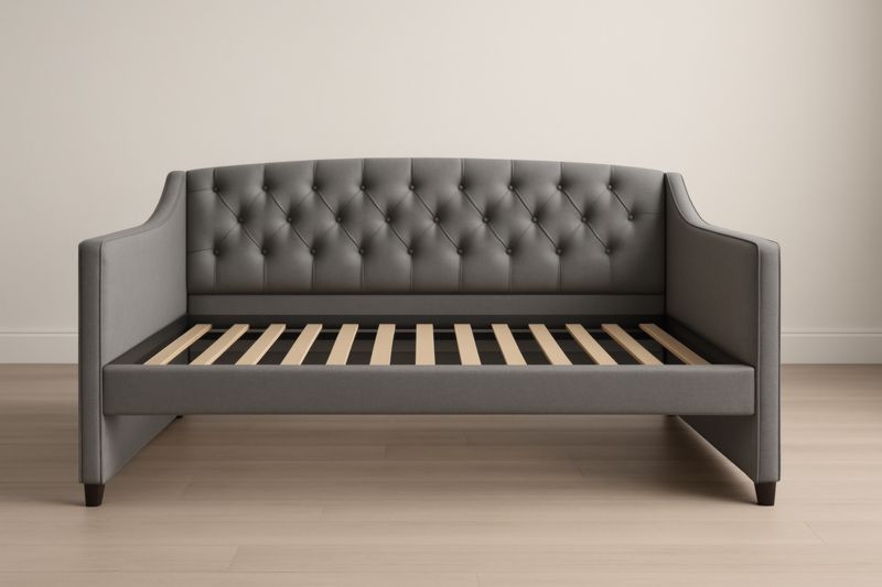 Lit banquette gris tissu lin avec dossier capitonné