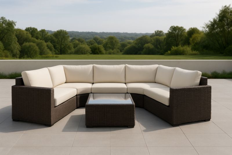 Set Divano ad Angolo da Esterno in Rattan con Tavolino in Vetro e Cuscini Beige