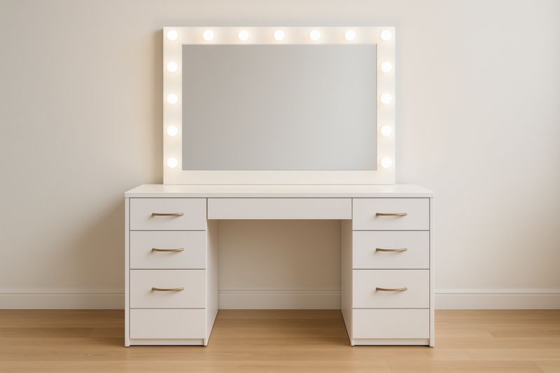 Coiffeuse en Bois Blanc avec Miroir Lumineux et 6 Tiroirs
