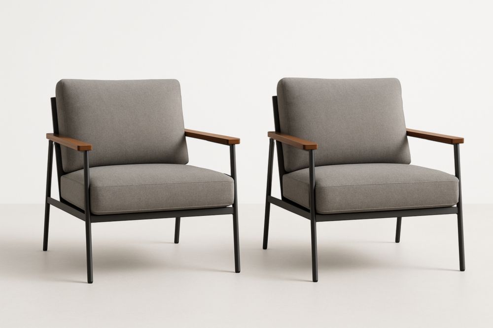 Lot de 2 fauteuils en tissu gris avec armature en métal et accoudoirs en bois 75x80x90 cm