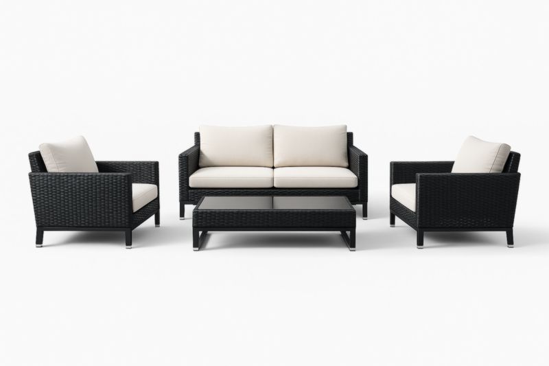 Ensemble de mobilier de jardin en résine tressée noir avec coussins beige et table basse en verre trempé