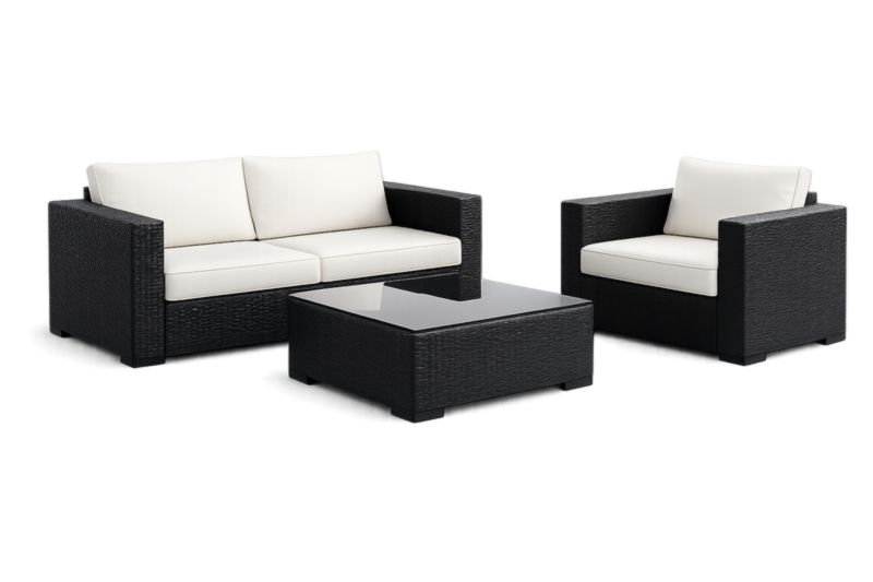 Ensemble salon de jardin 3 pièces en résine tressée noire - 1 fauteuil, 1 canapé 2 places, 1 table basse, coussins déhoussables