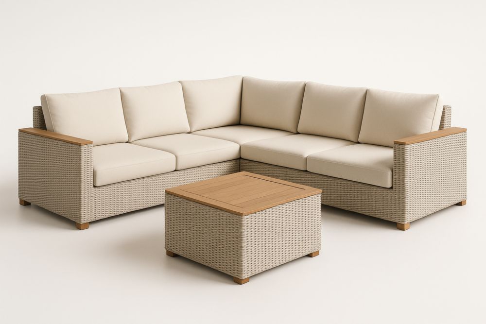 Ensemble de salon d'angle en résine tressée avec table basse