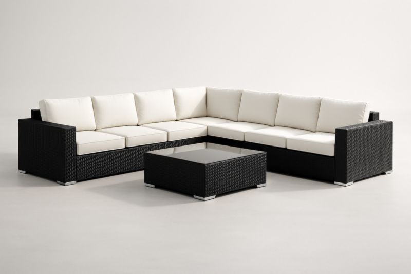 Canapé d'angle modulaire en résine tressée noire avec table basse assortie - Structure en acier, coussins déhoussables