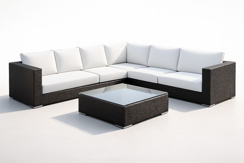 Ensemble de salon d'extérieur en résine tressée avec coussins en polyester et table basse en verre trempé