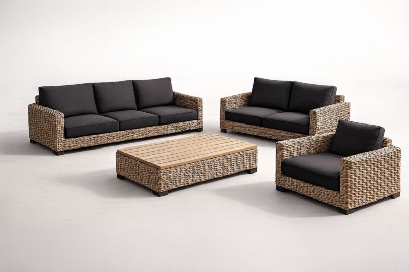 Ensemble Extérieur en Résine Tressée avec Coussins Noirs
