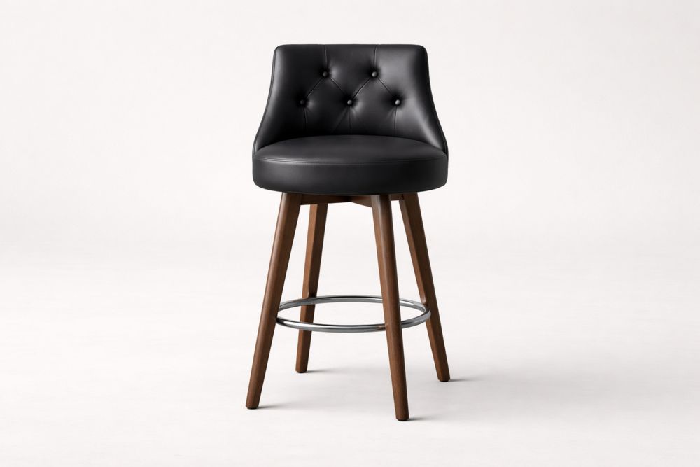 Tabouret de bar pivotant en cuir synthétique noir et bois massif-Sandelino