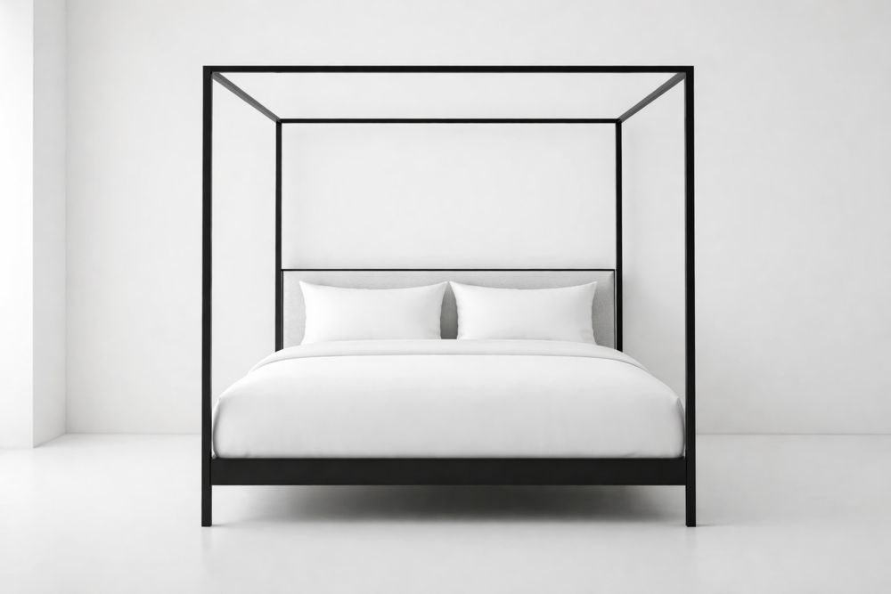 Lit baldaquin en acier noir avec tête de lit rembourrée-Sandelino