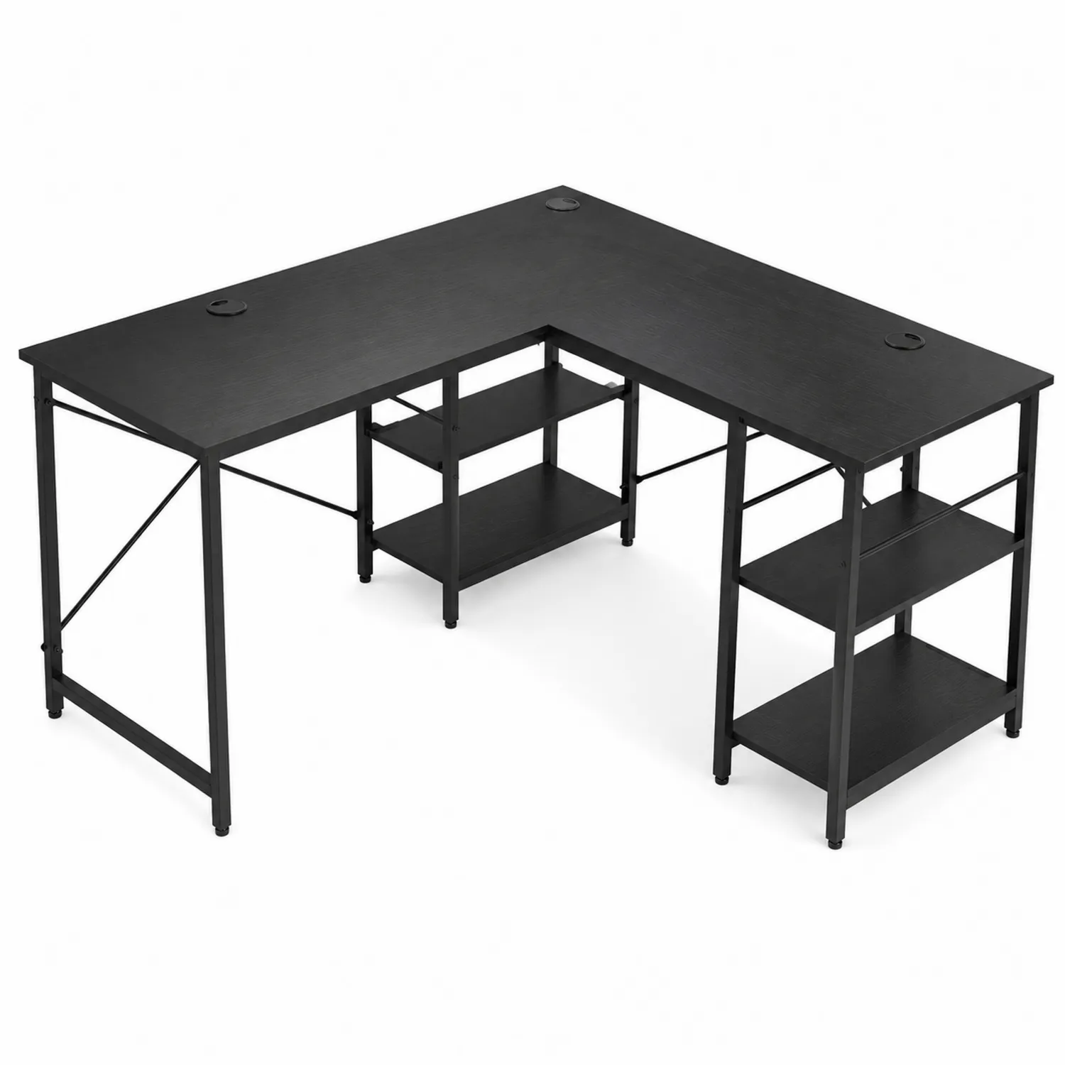 Bureau d’angle noir avec étagères