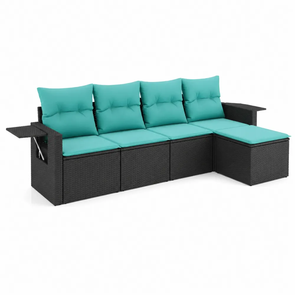 Garten-Ecksofa aus Polyrattan mit türkisen Kissen