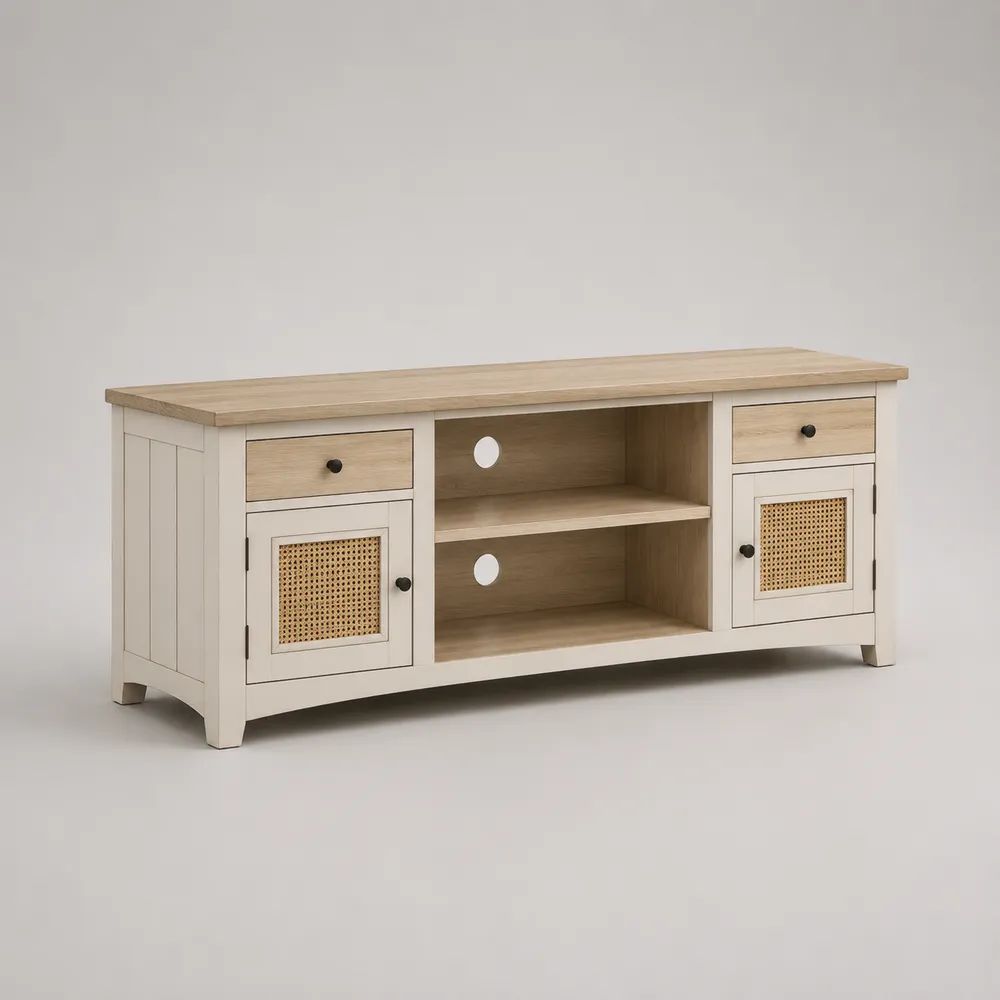 Mobile TV bianco e rovere con dettagli in rattan