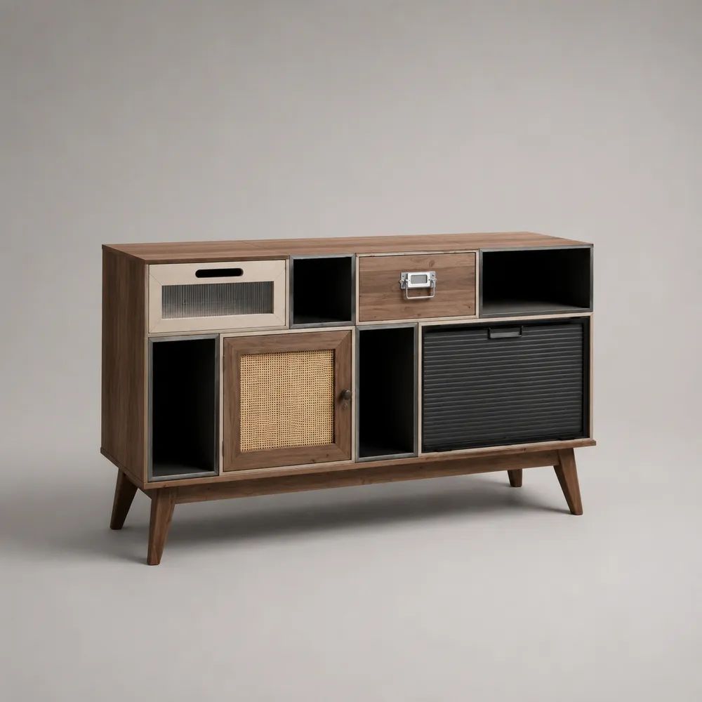 Credenza in legno, metallo, vetro e rattan