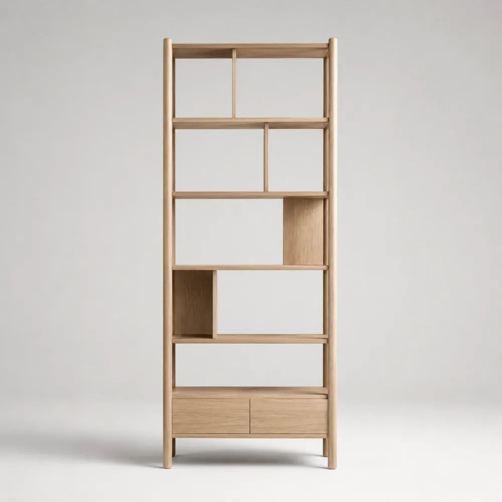 Libreria alta in rovere con due cassetti