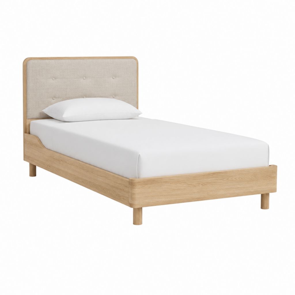Einzelbett aus Eiche mit Leinenkopfteil