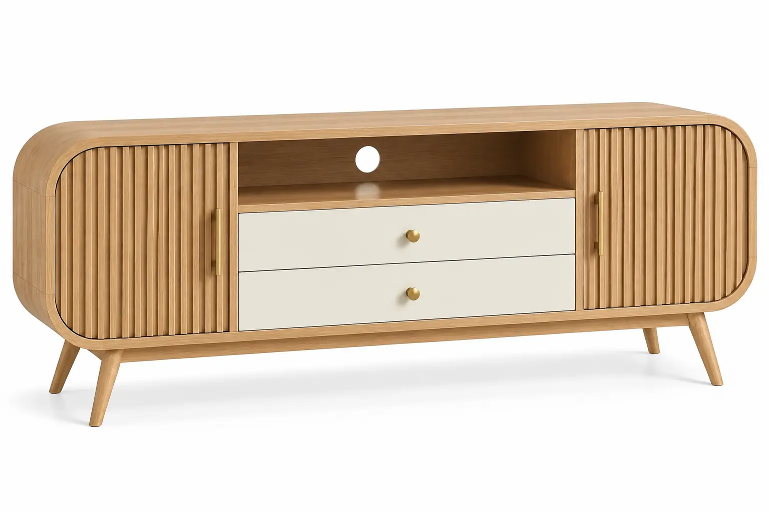 Mueble bajo para televisión en tonos marrón y blanco