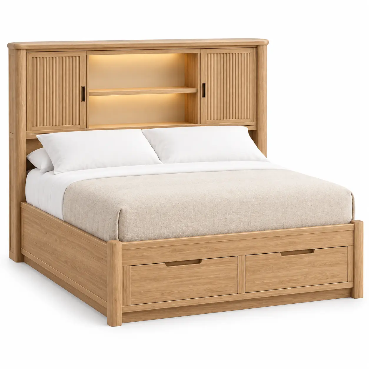 Estructura de cama marrón con cabecero con estantes