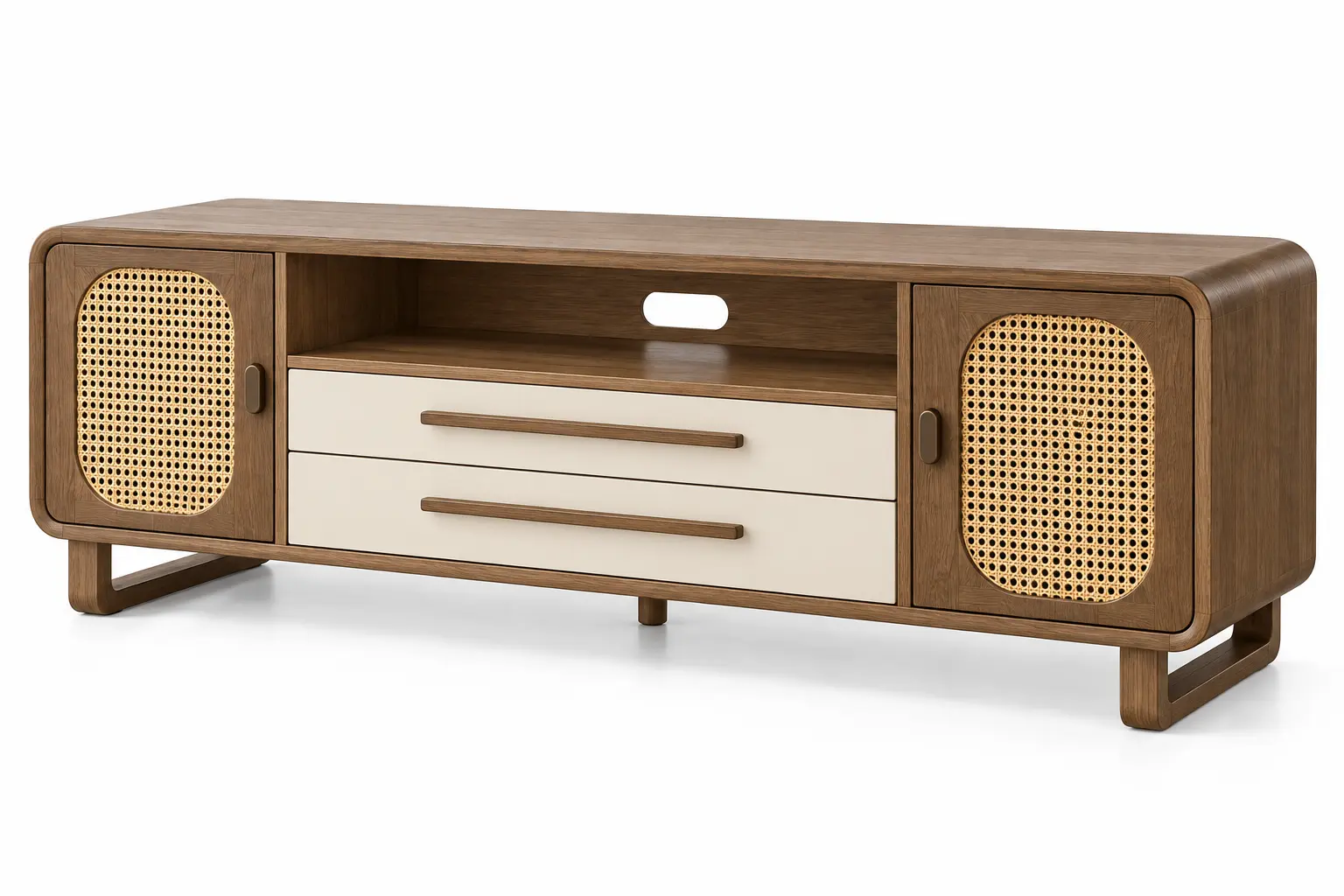 Mueble bajo para televisión marrón y blanco con estantes