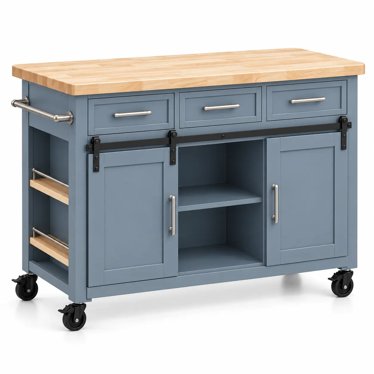 Mueble auxiliar de cocina azul y marrón con ruedas, cajones y estantes