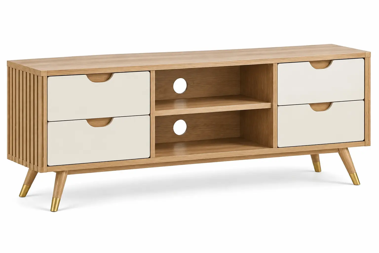 Mueble bajo para televisión marrón y blanco con estantes y cajones