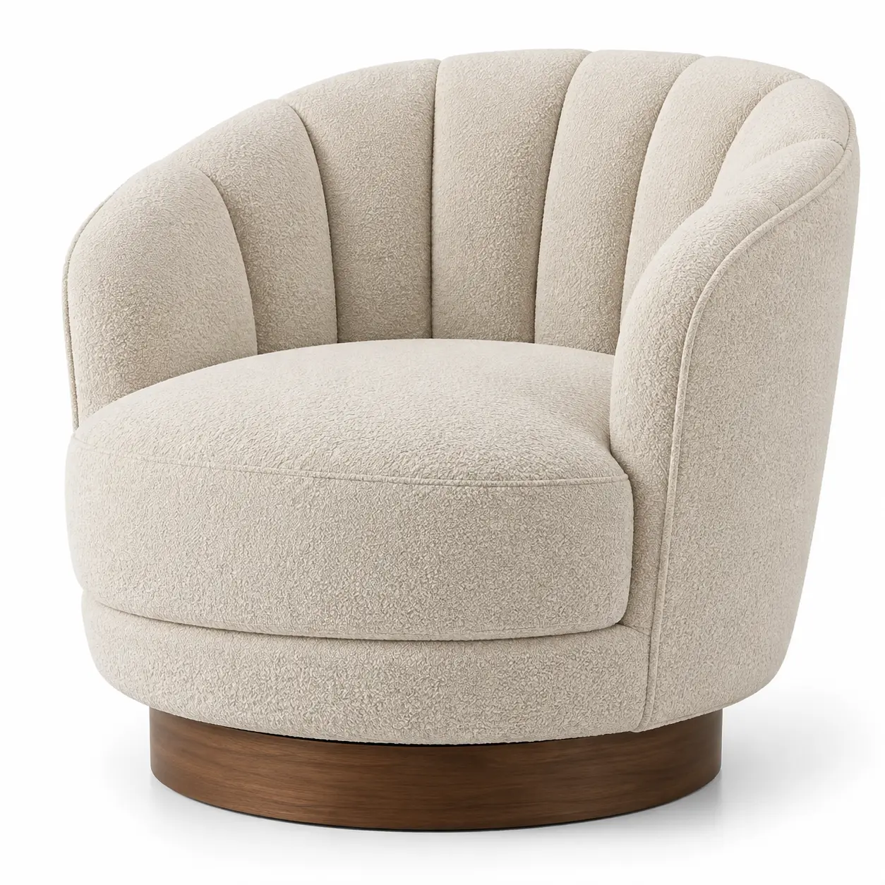 Sillón tapizado beige y marrón de líneas curvas