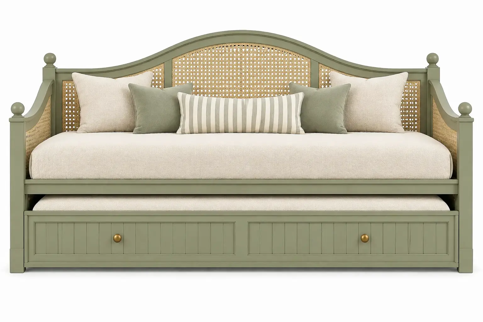 Diván verde y beige con almacenamiento