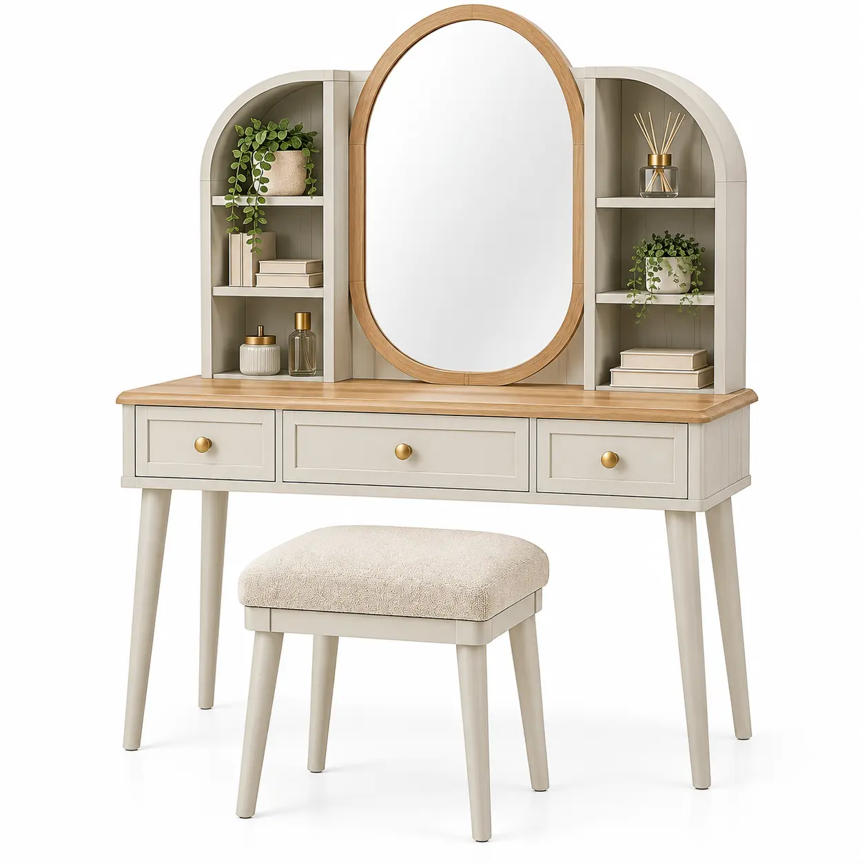 Tocador con espejo y estantes en blanco, beige y verde