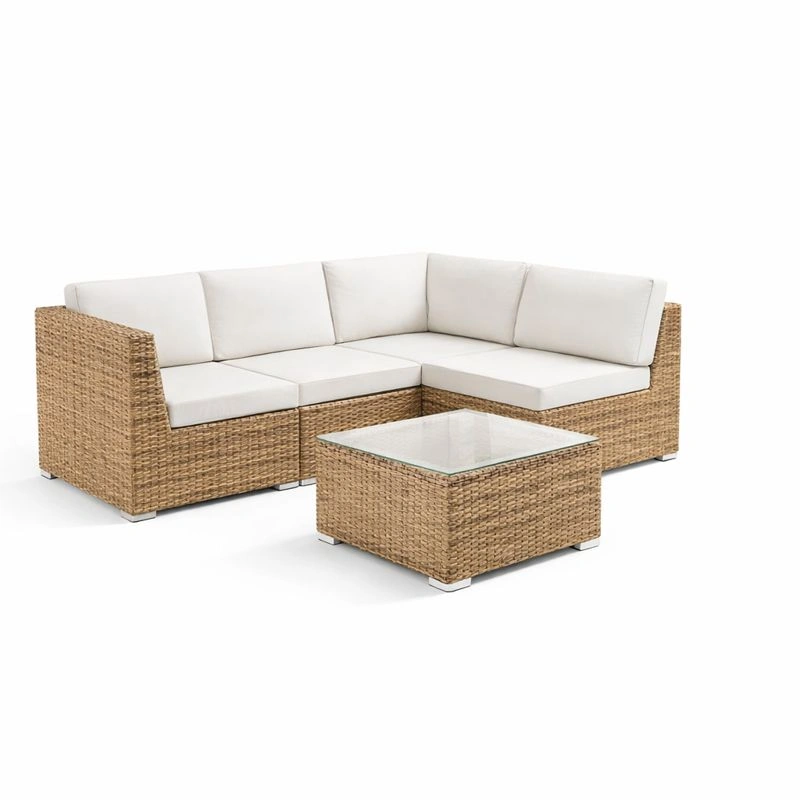 7 Sitzer Gartenmoebel Set Polyrattan Lounge Ecksofa Modular mit Tisch und Hocker Outdoor Set Beige-cartelyo